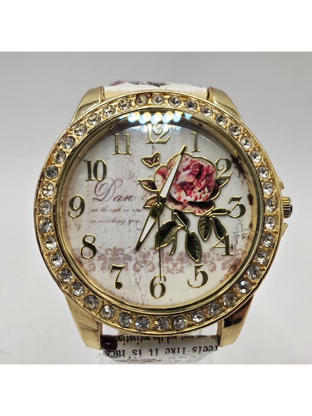 Womens Quartz Floral 42mm Watch Gem Bezel Gold Tone New Battery